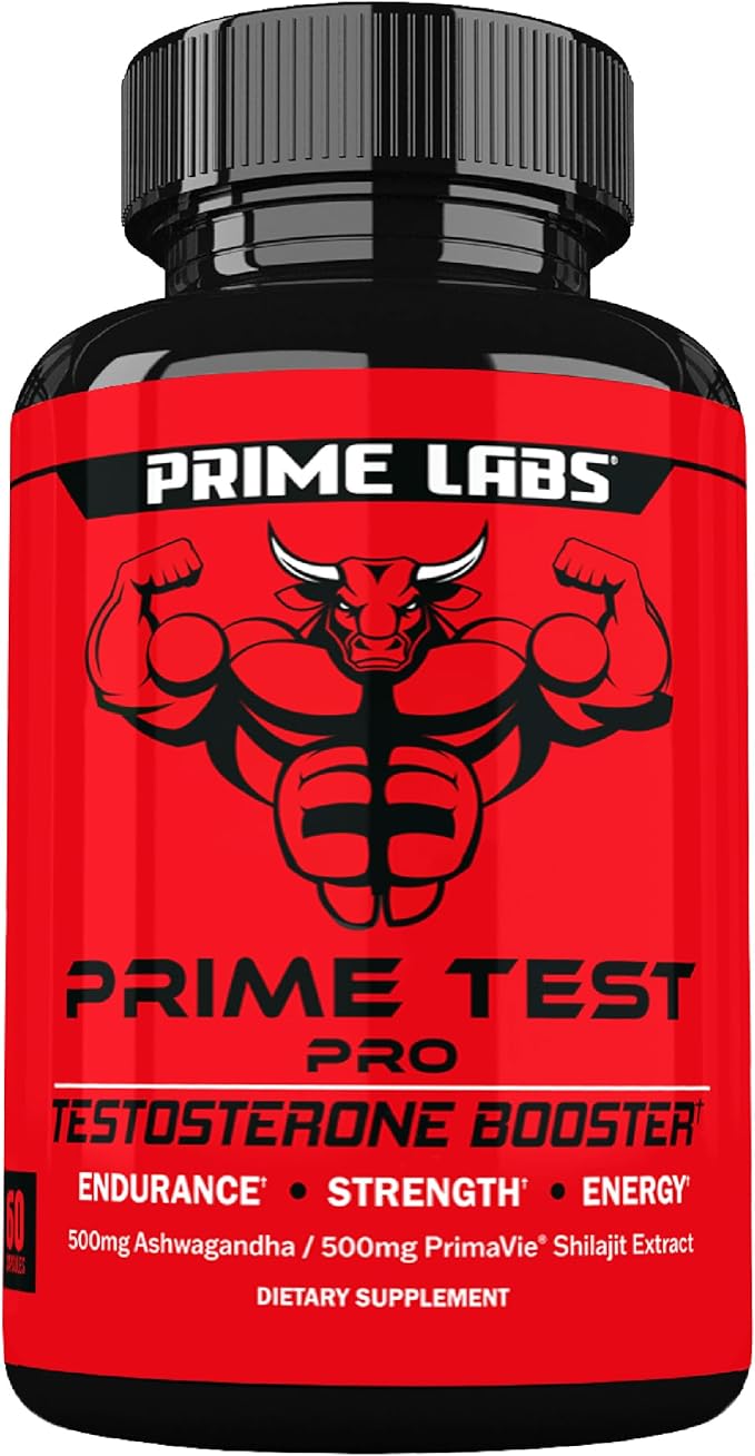 Prime Labs Prime Test Pro - Testosterone Supplement for Men - Test, Vitality, & Energy Booster - with Ashwagandha, PrimaVie Shilajit Extract, & DIM - 60 Capsules