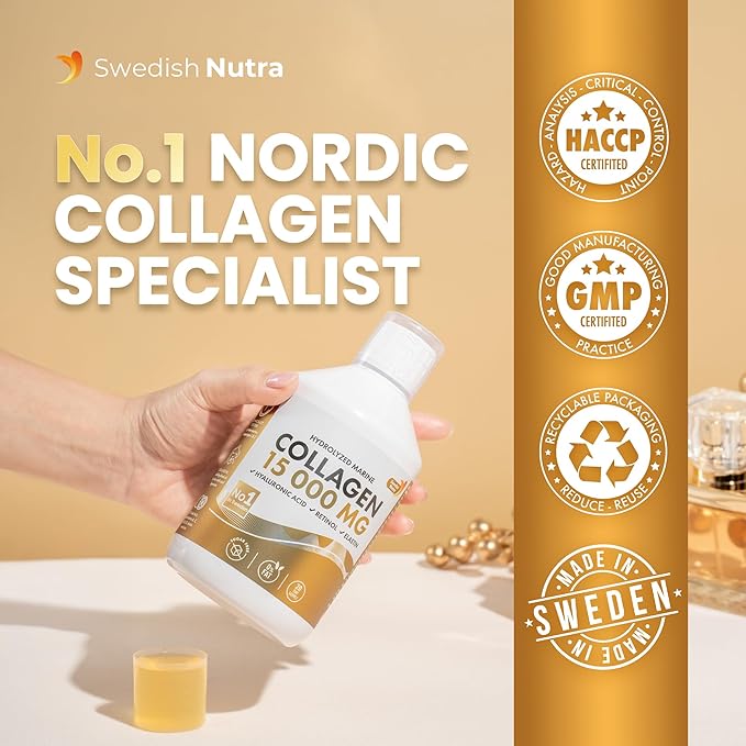 Swedish Nutra - Liquid Marine Collagen 15,000mg - 500ml I Hydrolyzed Collagen Peptides (Type I & III) I Hyaluronic Acid, Biotin, Vitamin C I Sugar Free- 20 Day Supply