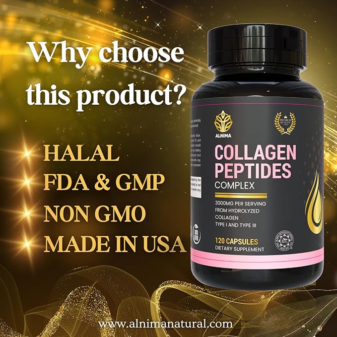Collagen Peptides Complex – 3000mg Hydrolyzed Type I & III Collagen with Aloe Vera – Halal Certified – Skin, Hair, Joint & Bone Support – 120 Capsules – Made in USA