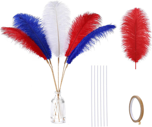 Holmgren Red White and Blue Ostrich Feathers - 20pcs Making Kit 22 Inch 4th of July Decor Ostrich Feathers Bulk for Vase, Floral Arrangement, Wedding Party Centerpieces and Home Decorations