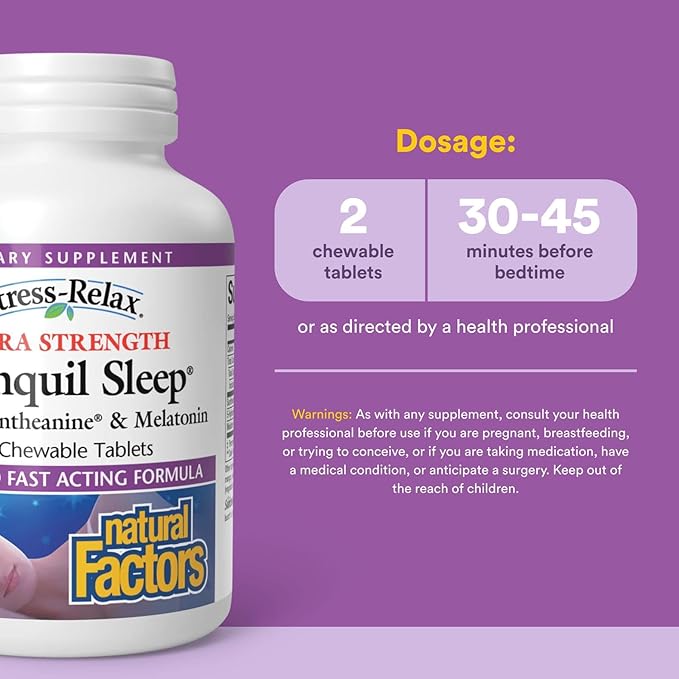 Natural Factors Stress-Relax Tranquil Sleep Extra Strength, with Suntheanine L-Theanine, 5-HTP, Melatonin, 60 Tablets