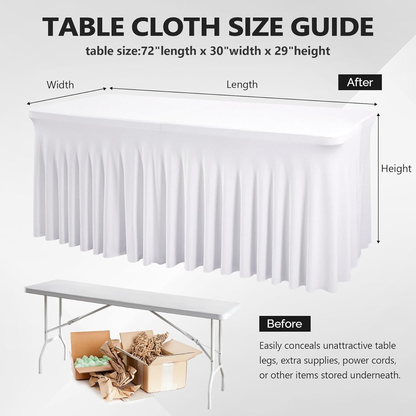 Wish Care 2 Pack White Spandex Table Clothes for 6 Foot Rectangle Tables, 6FT Wrinkle Free Fitted Tablecloths Ruffles Design Table Cover for Party, Banquet, Wedding and Events