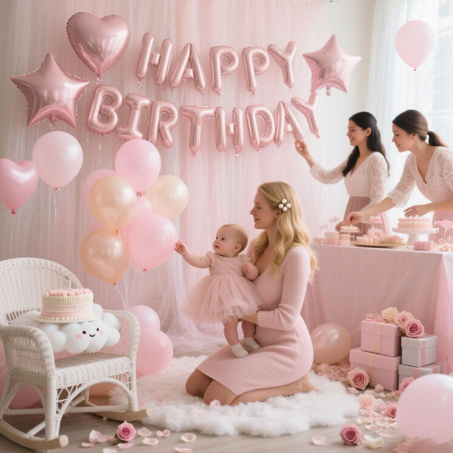 29 Pcs Pink Birthday Party Decorations - Happy Birthday Balloons Banner Baby Pink, Heart & Star Foil Balloons, Confetti & Latex Balloons, Foil Fringe Curtains Party Supplies for Girls