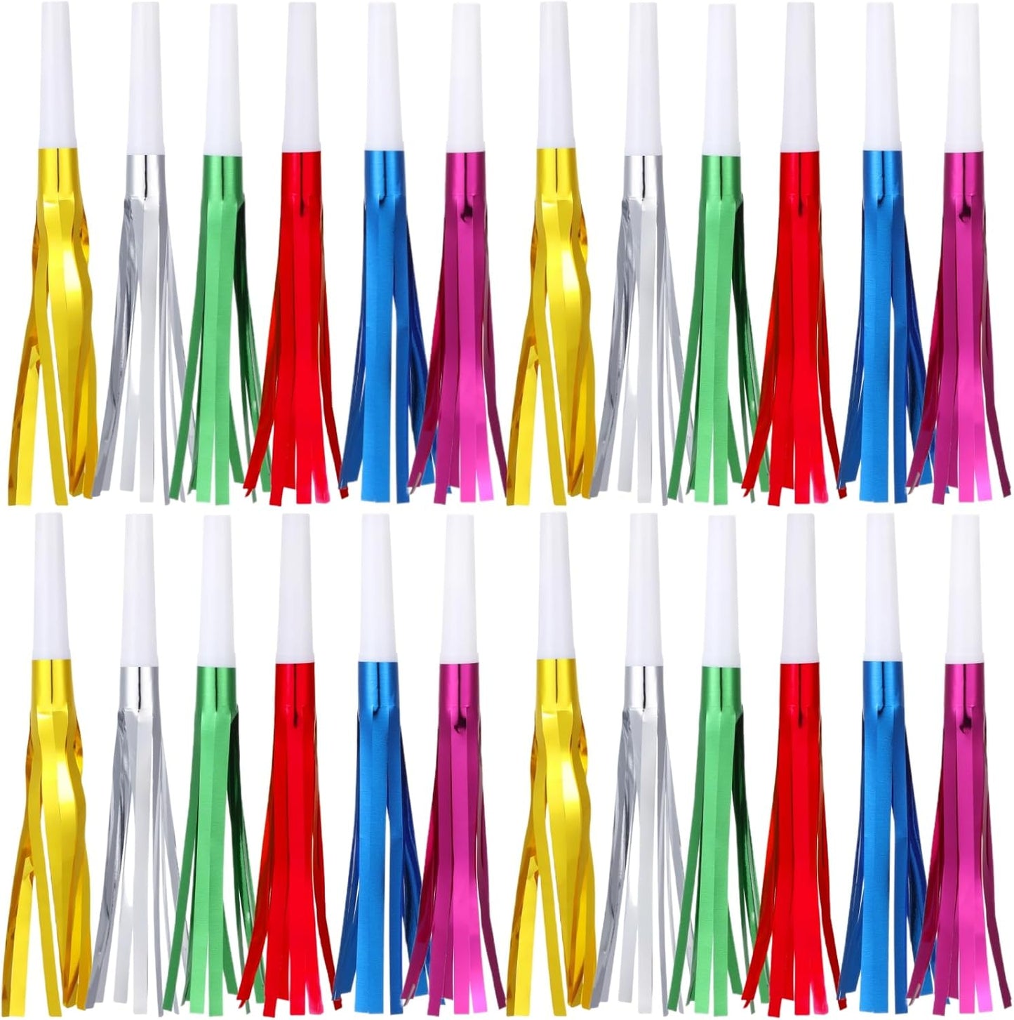 24 Pcs Gold Noise Makers Glitter Metallic Fringed Noise Makers Horns for Baby Shower, Kids Birthday, New Year Party Favor - Multicolor
