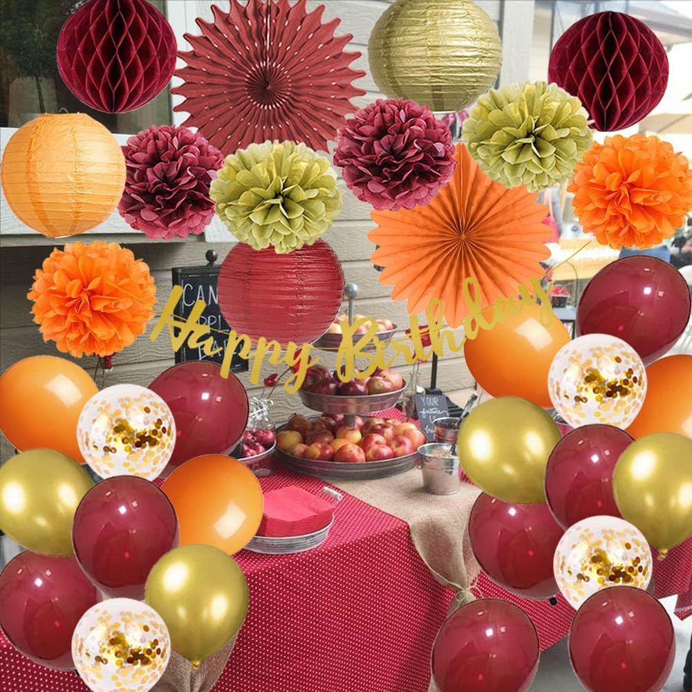 Fall Birthday Decorations Burgundy and Orange Party Decorations Pom Poms Flowers Paper Lanterns Fans Autumn Burgundy Birthday Decorations with Happy Birthday Banner Cake Topper Gold for Women Girls