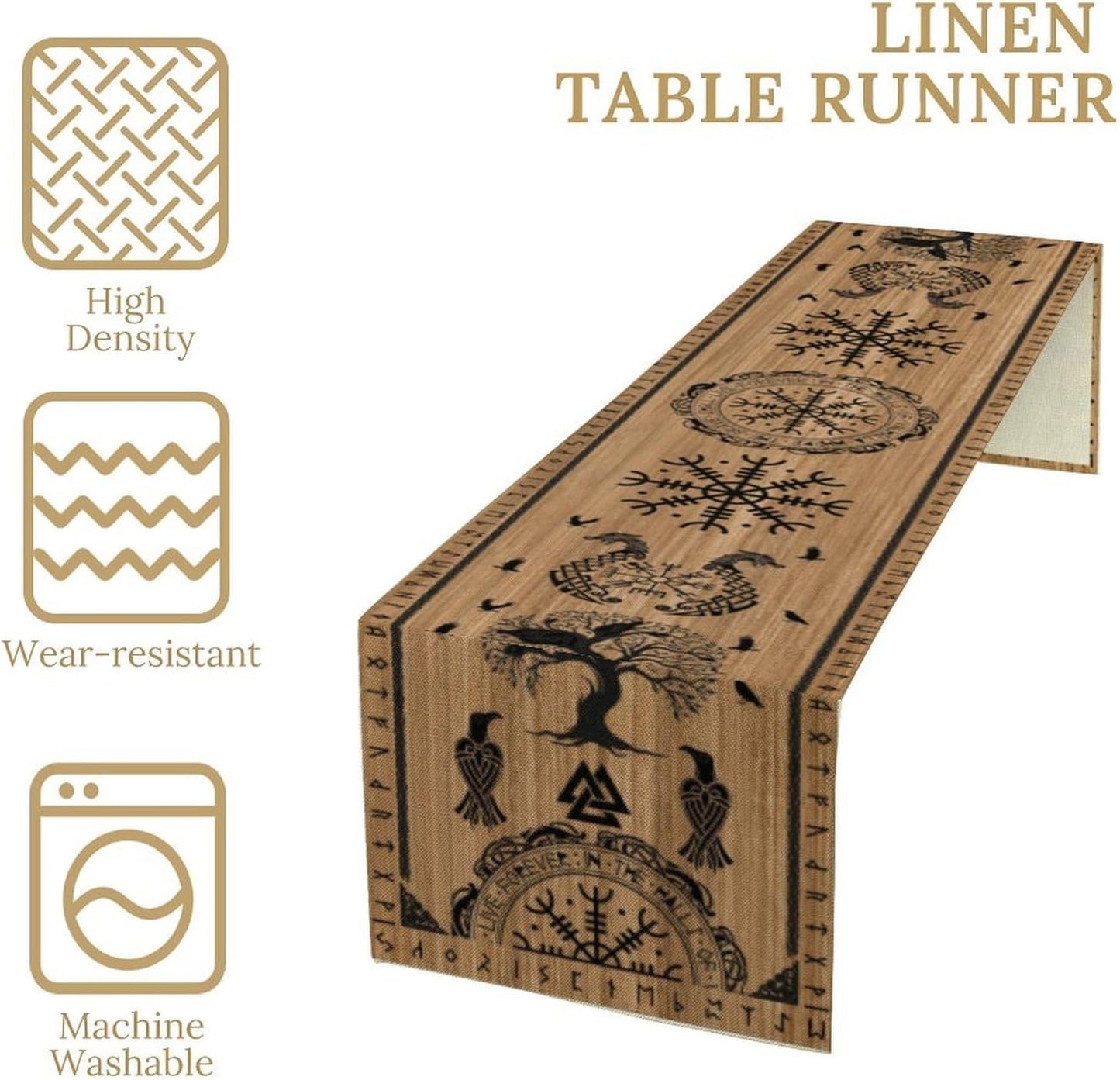 Viking Tree of Life Table Runner, Wooden Printed Eagle Dragon Boat Rudder Seasonal Kitchen Dining Table Decoration for Home Party 13x36 Inch