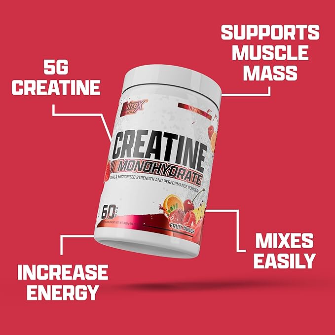 Nutrex Research Flavored Creatine Powder, Fruit Punch | 5g Creatine, Mixes Easily | Supports Energy, Muscle Growth, Energy and Performance | 60 Servings (60 Servings, Fruit Punch)
