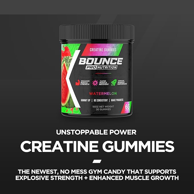 Bounce Pro Creatine Monohydrate Gummies for Men & Women, Low Calorie, 6G of Creatine per Serving, Vegan, Anti-Melting, Gluten-Free, Non-GMO, 2g of Creatine per Gummy (72ct, Watermelon)