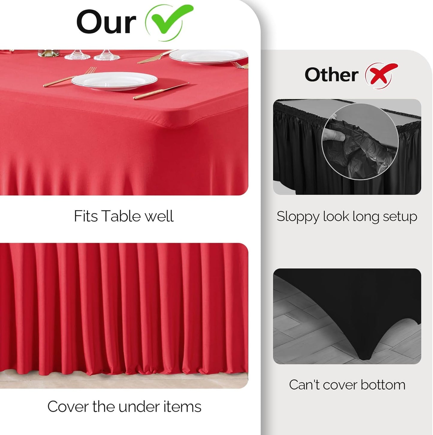 Wish Care 2 Pack Red Spandex Table Clothes for 4 Foot Rectangle Tables, 4FT Wrinkle Free Fitted Tablecloths Ruffles Design Stretch Table Cover for Party, Banquet, Wedding and Events