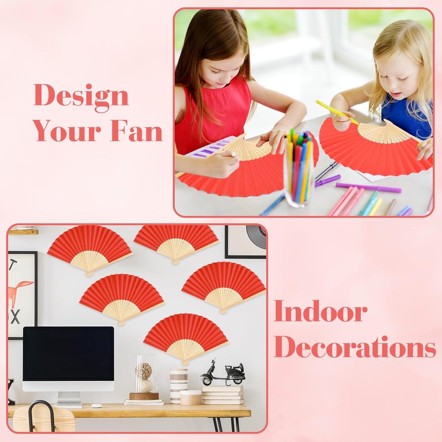 12 Pieces Red Hand Held Bamboo Folding Fans Paper Fans Handheld for Women Foldable Girls Wedding DIY Decoration Church Home Party Favors Summer