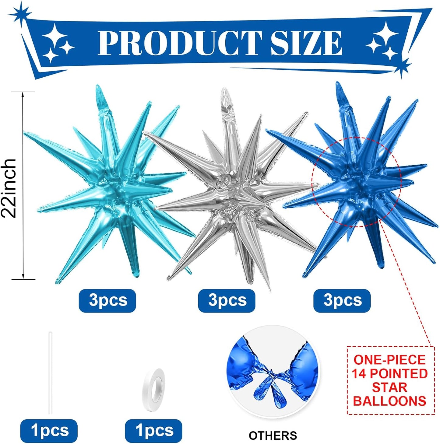 Blue Silver Star Balloons,9Pcs 22Inch Blue Silver Explosion Spike Cone Helium Polyester Film Star Foil Balloons for Birthday Anniversary Baby Shower Disco Party Decorations