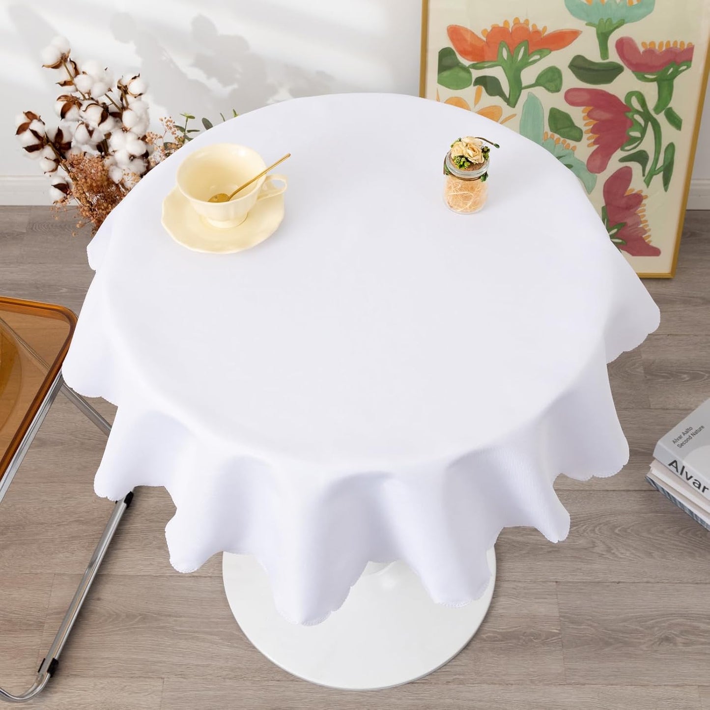 Round White Tablecloth 48 Inch Polyester Fabric Washable Table Cloth Decorative Wrinkle Resistant Solid Color Table Cover for Kitchen Dinning Party Wedding Camping