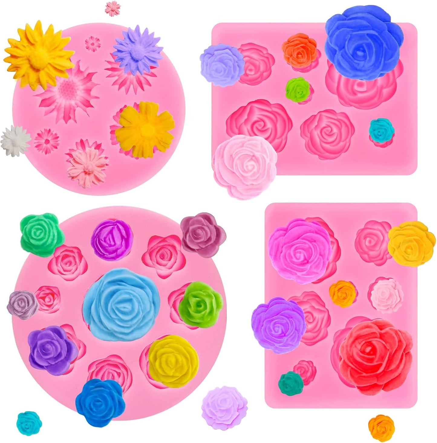 4 Pcs Flower Silicone Molds, Fondant Cake Flower Mold Silicone Daisy Rose Clay Mold Polymer Clay Molds for Cupcake DIY Crafts Cake Decoration