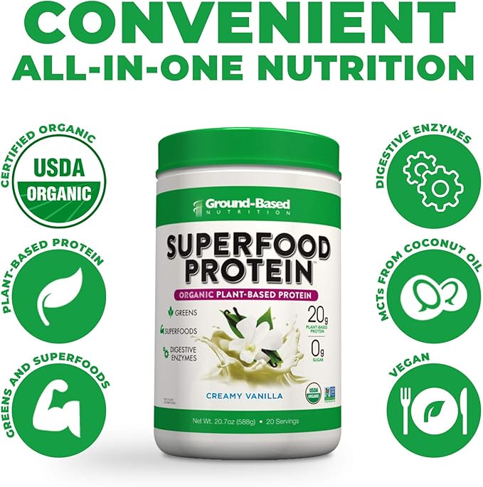 Ground-Based Nutrition Plant-Based Protein Superfood Powder - Vanilla Flavor - Vegan, Keto, Paleo Friendly - High Protein, Low Calorie, Gluten-Free - 20 Servings Creamy Vanilla