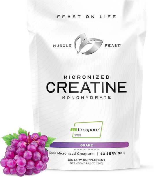 Muscle Feast Creapure - Micronized Creatine Monohydrate Powder | Premium Pre-Workout or Post-Workout | Flavored Creatine for Women & Men | Easy to Mix, Gluten-Free, Safe and Pure, (Grape, 250g)