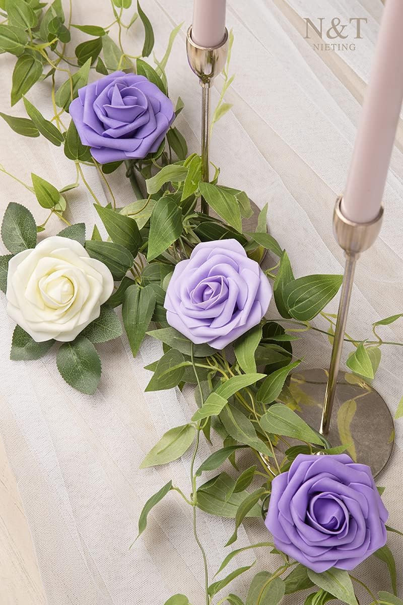 N&T NIETING Artificial Flowers 50Pcs Fake Foam Rose Purple Flowers with Stems Lavender for DIY Wedding Bridesmaid Bridal Bouquets Centerpieces Party Home Decoration(Series Purple)