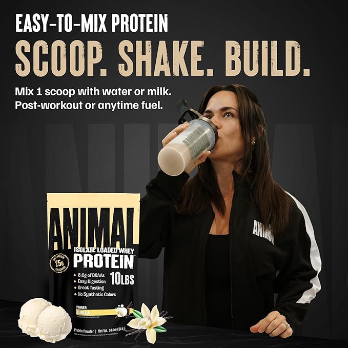 Animal Whey Isolate Protein Powder - Loaded for Pre & Post Workout Muscle Builder and Recovery with Digestive Enzymes for Men & Women - 25g Protein, Great Taste, Low Sugar - Vanilla 10 lbs