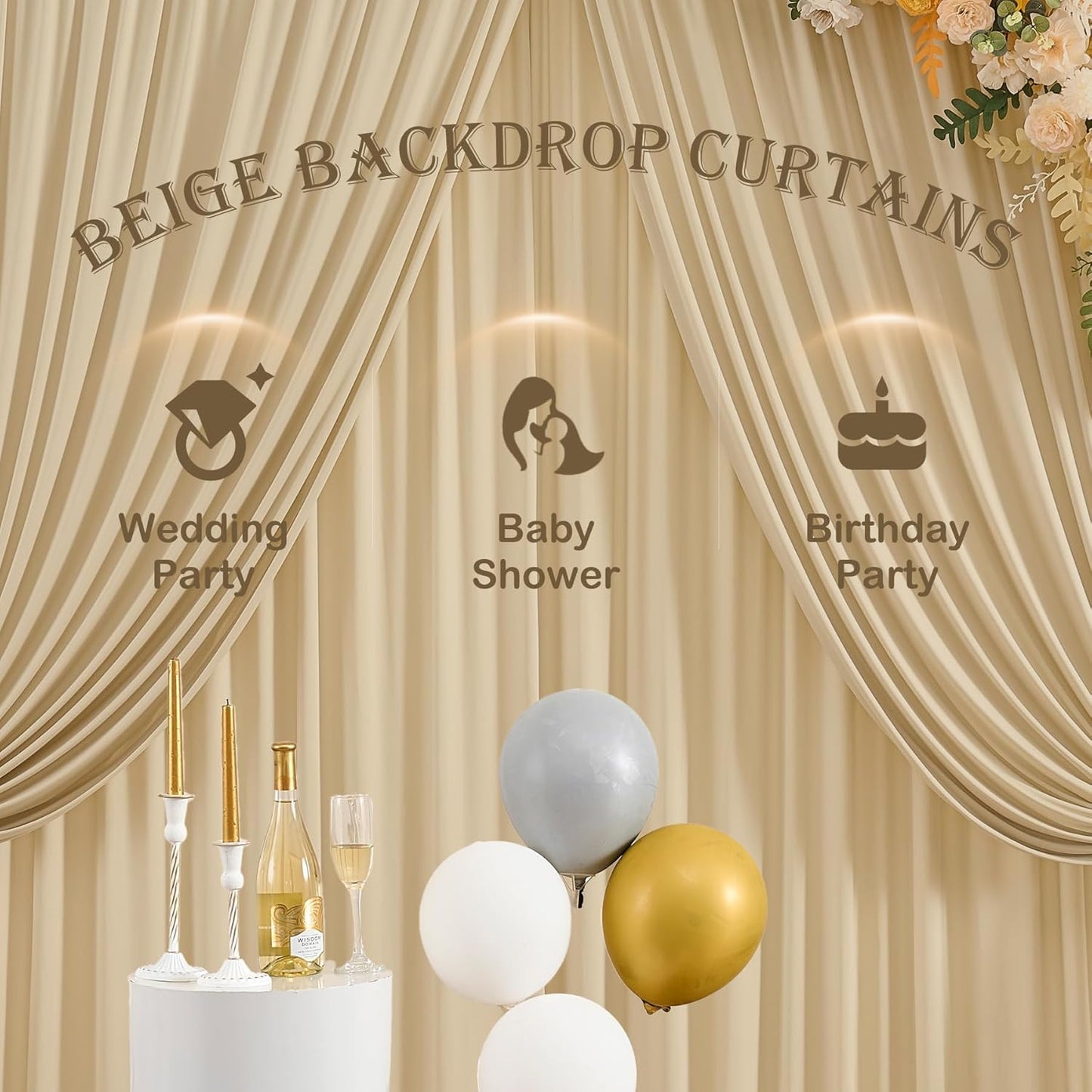 30ftx10ft Beige Backdrop Curtains for Party Background, Wrinkle Free Beige Photo Curtains Backdrop Drapes 6 Panels Back Drop Cloth for Wedding Birthday Photography Baby Shower Decor