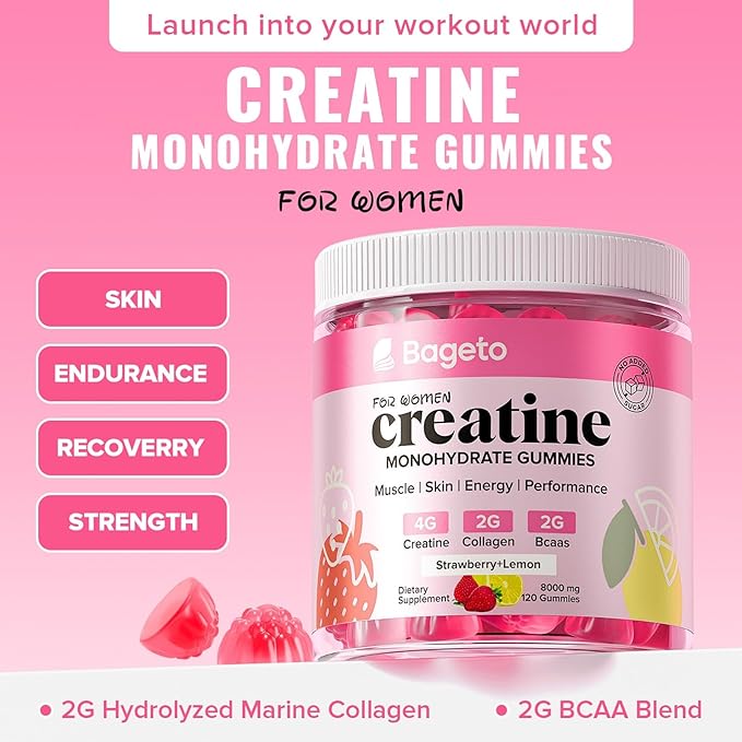 Creatine for Women, 120 Ct Sugar-Free Creatine Monohydrate Gummies with Collagen, BCAAs, Vitamin C & B12 for Muscles, Energy & Booty, Flavored Vegan Creatine Pre and Post Workout Supplements for Women