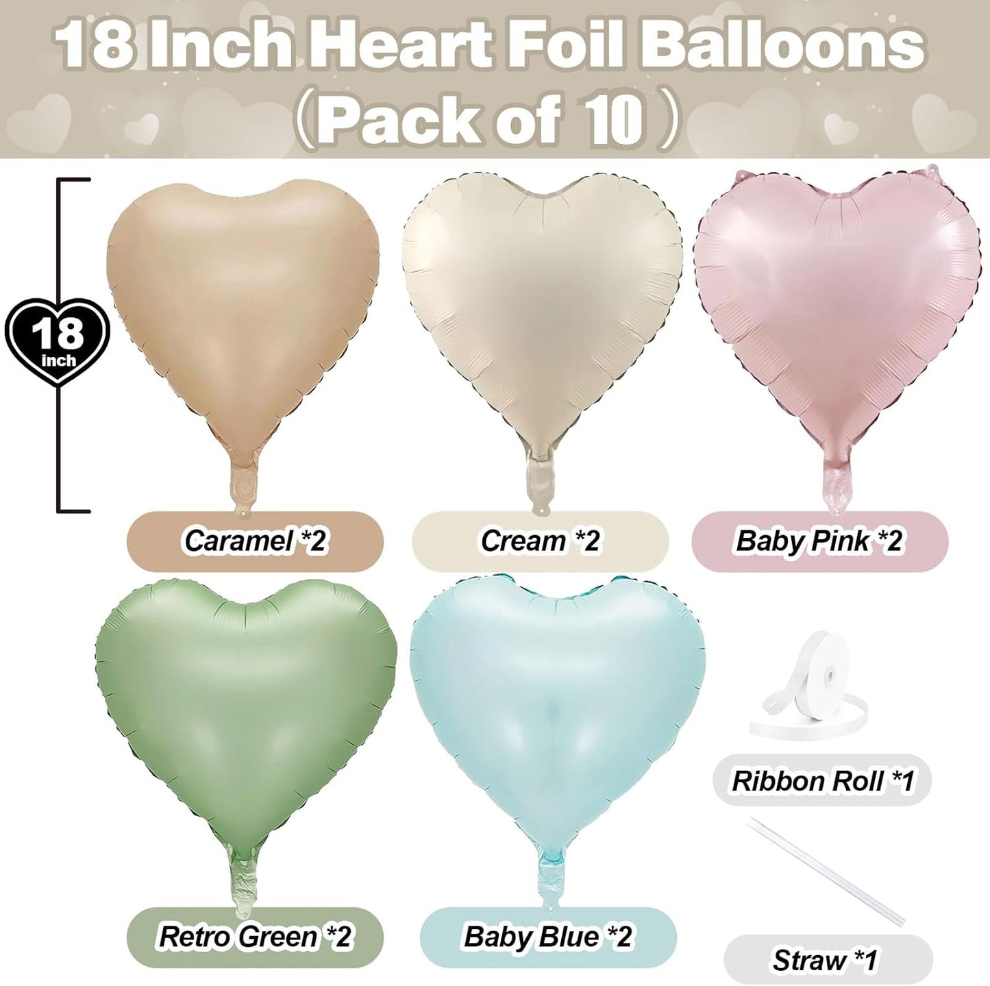 Pastel Colorful Heart Foil Balloons, 10PCS Assorted Rainbow Helium Balloons, 18Inch Heart Shaped Foil Balloon for Kids Birthday Valentines Wedding Bridal Baby Shower Easter Boho Party Decorations