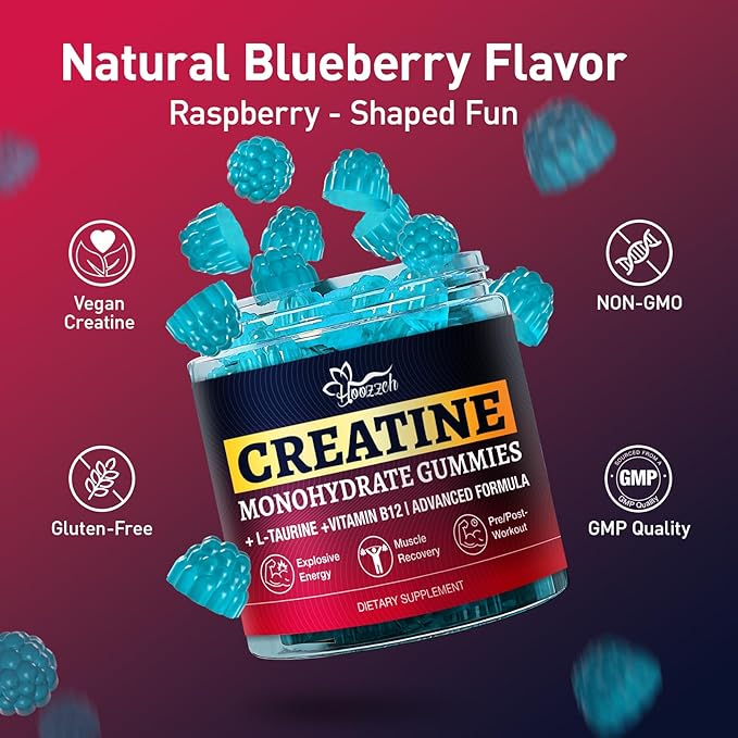 Creatine Monohydrate Gummies for Men & Women, Creatine Supplement, Chewables Creatine Gummy, Gluten-Free, Blueberry Flavor, 60 Count