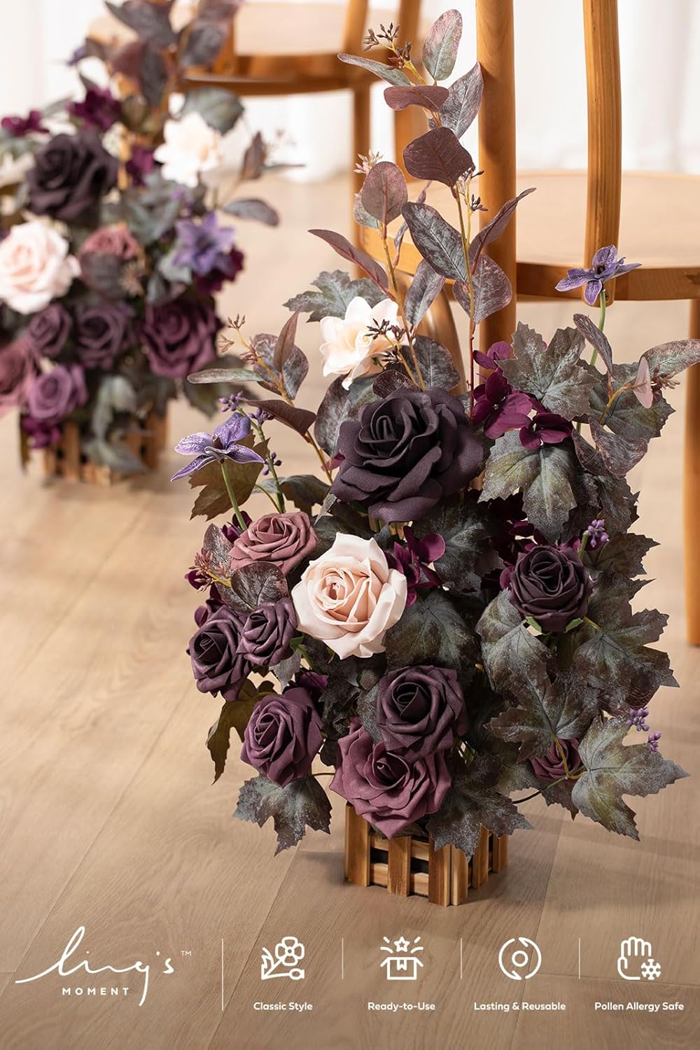 Ling's moment 17.5" Tall Standing Artificial Flowers Arrangements 4 pcs Fall Wedding Aisle Runner Chair Decorations Deep Plum Centerpieces for Ceremony Reception Rose Floral Party Outdoor