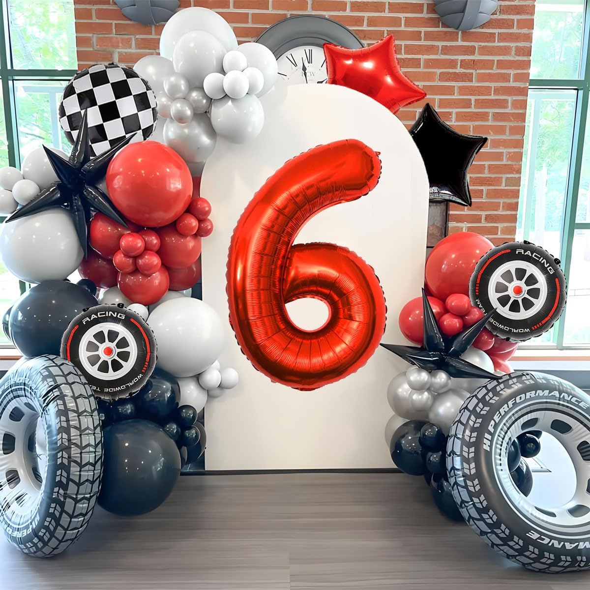 Race Car Birthday Decorations - 40 Inch Mylar Red Number 6 Balloons - Black Foil Checkered Race Car Balloons for 6st Birthday Race Cars Themed Party Decorations Supplies