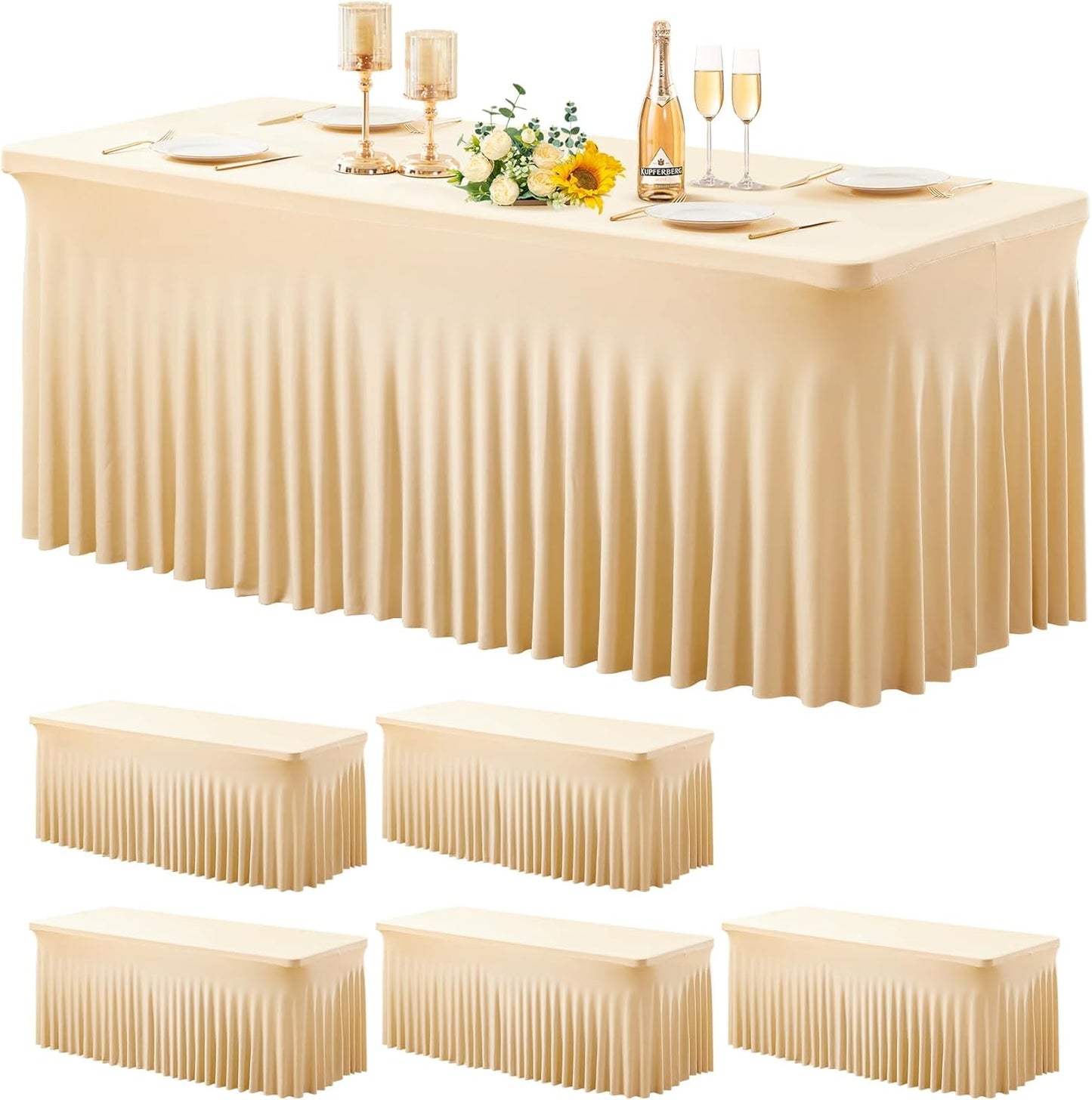 Wish Care 6 Pack Champagne Spandex Table Clothes for 8 Foot Rectangle Tables, 8FT Wrinkle Free Fitted Tablecloths Ruffles Design Table Cover for Party, Banquet, Wedding and Events
