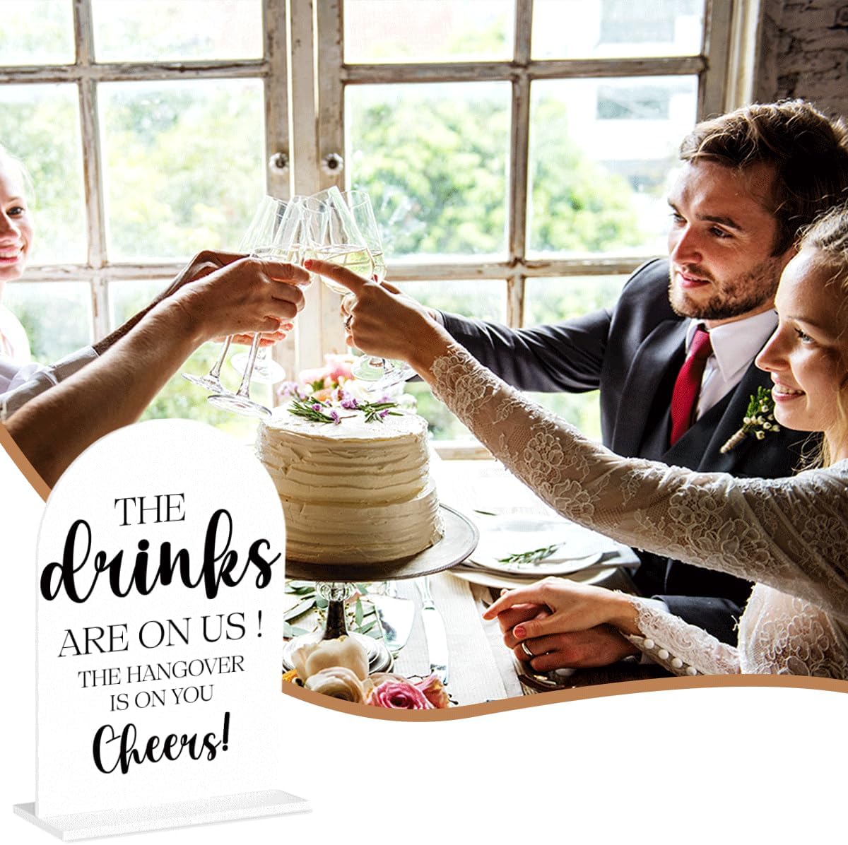 The Drinks are on Us Sign, Open Bar Signs, Wedding Engagement Bridal Shower Party Decor for Reception Ceremony, Weddings Table White Acrylic Sign