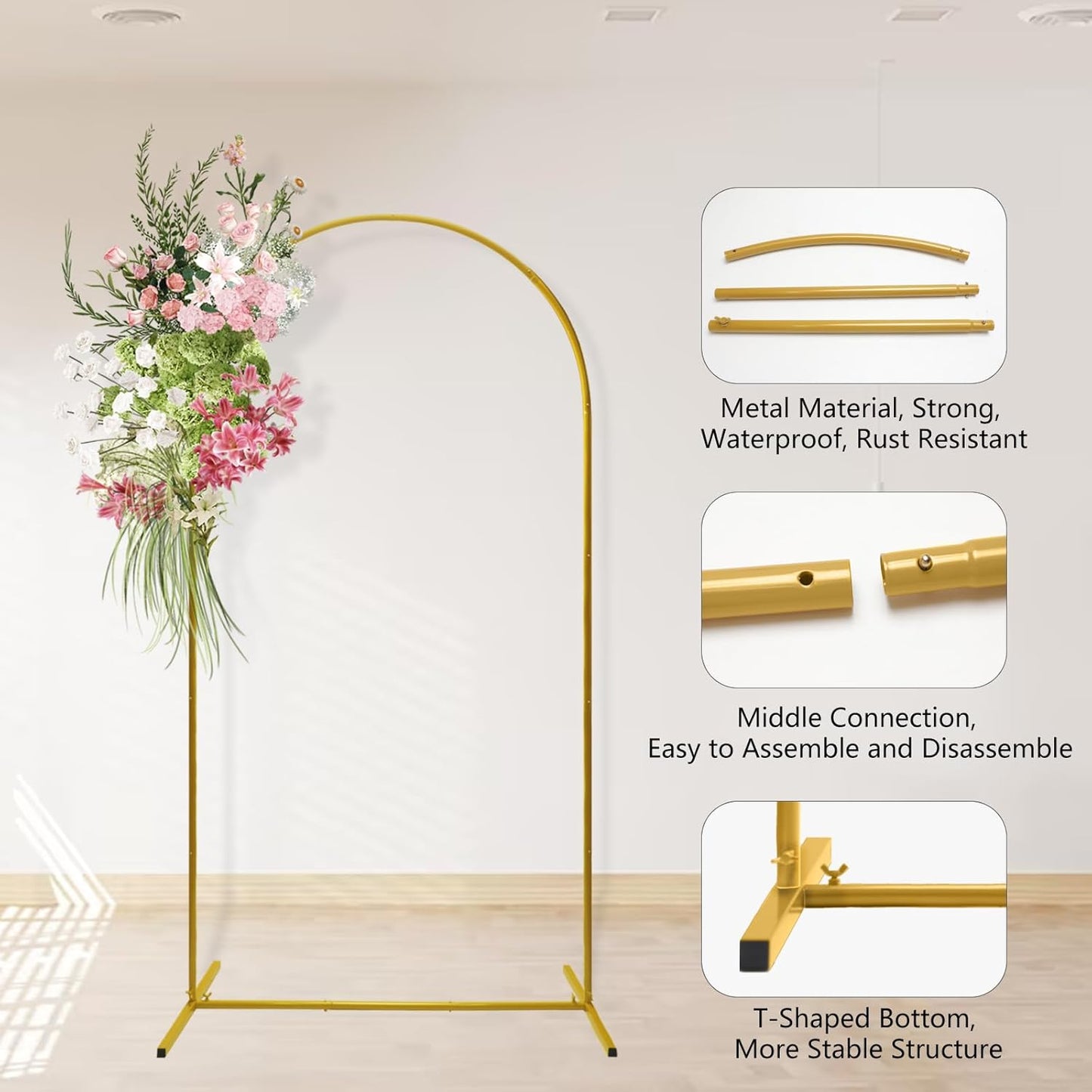 U+U 7.2FT Arch Backdrop Stand, Gold Arch Stand for Wedding Birthday Party Bridal Baby Shower Balloon Arch Decoration