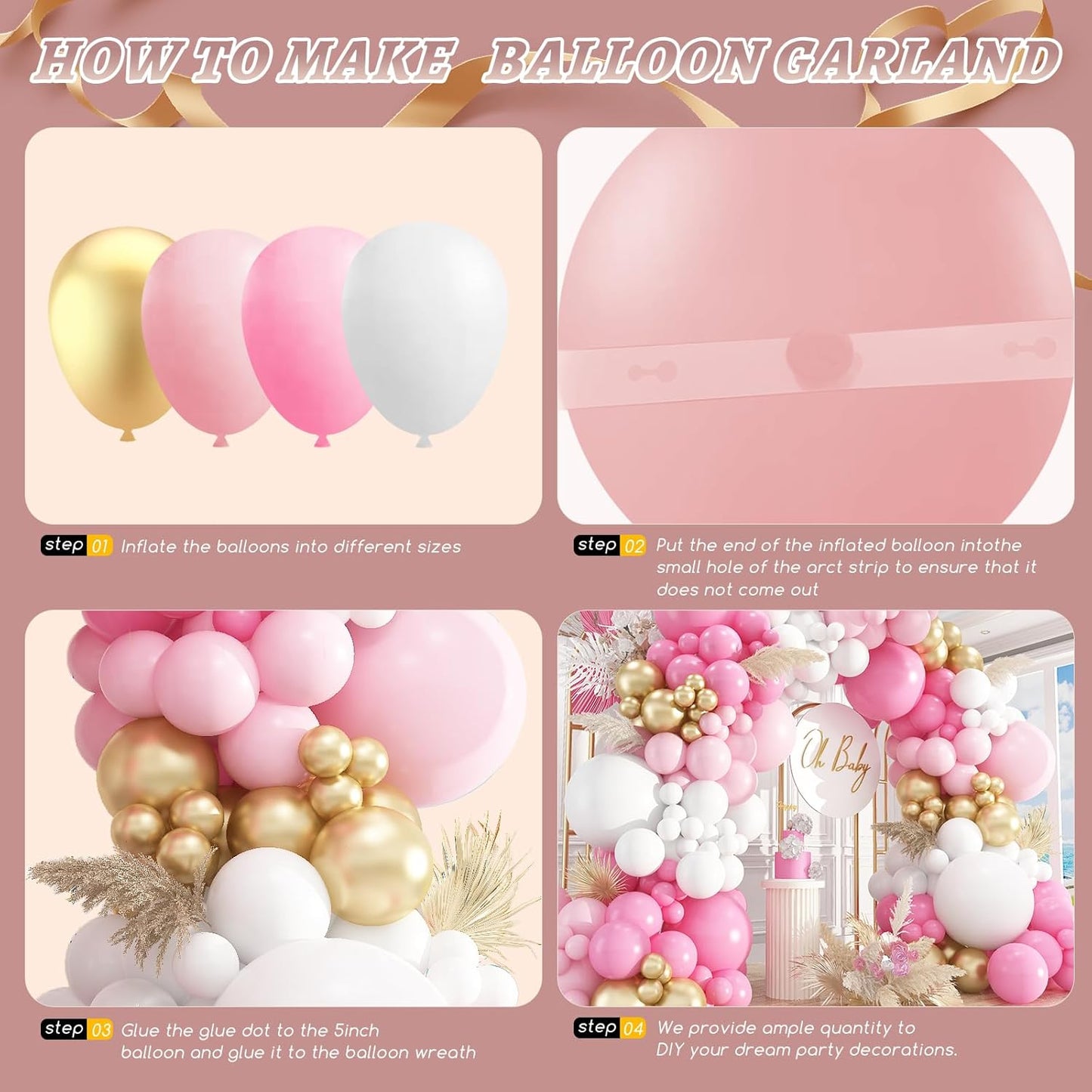 412Pcs Pink and White Balloons Arch Kit,18 12 10 5 Inch Pink and Gold Balloon Garland Pastal Pink White for Women Girls Birthday Bridal Baby Shower Decorations