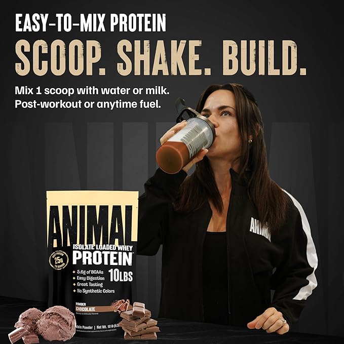 Animal Whey Isolate Protein Powder - Loaded for Pre & Post Workout Muscle Builder and Recovery with Digestive Enzymes for Men & Women - 25g Protein, Great Taste, Low Sugar - Chocolate 10 lbs