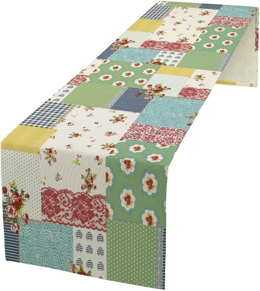 Patchwork Boho Table Runner,Vintage Colorful Floral Plaid Polka Dot Print Tablecloth Burlap for Hotel Indoors Outdoor Dining Room Kitchen Home Decor,W13X L108 in