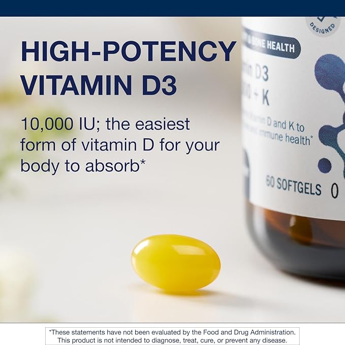 Metagenics Vitamin D3 + K - for Artery Health, Immune Support, Bone & Heart Health* - Vitamin D with MK-7 (Vitamin K2) - Non-GMO - Gluten-Free - 60 Softgels - 10,000 IU