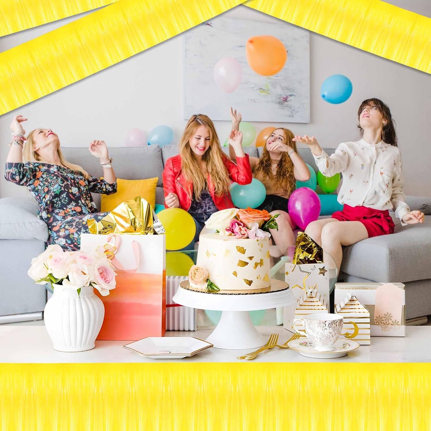 6 Pack 10 Ft Macaron Yellow Foil Fringe Garland Metallic Streamers Tinsel Banner Wall Hanging Garland Backdrop for Parade Floats, Halloween, Christmas, Thanksgiving, New Year Party Decorations