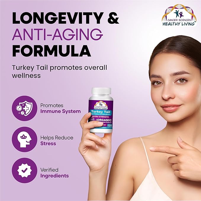 CANCER SCIENCES Turkey Tail Wellness Mushrooms Supplement, USDA Certified Organic Extract, Extra Strength 1,500 mg, High Potency 40% Beta-Glucans, Gut & Immune Support, Natural Digestive, 120 Capsules