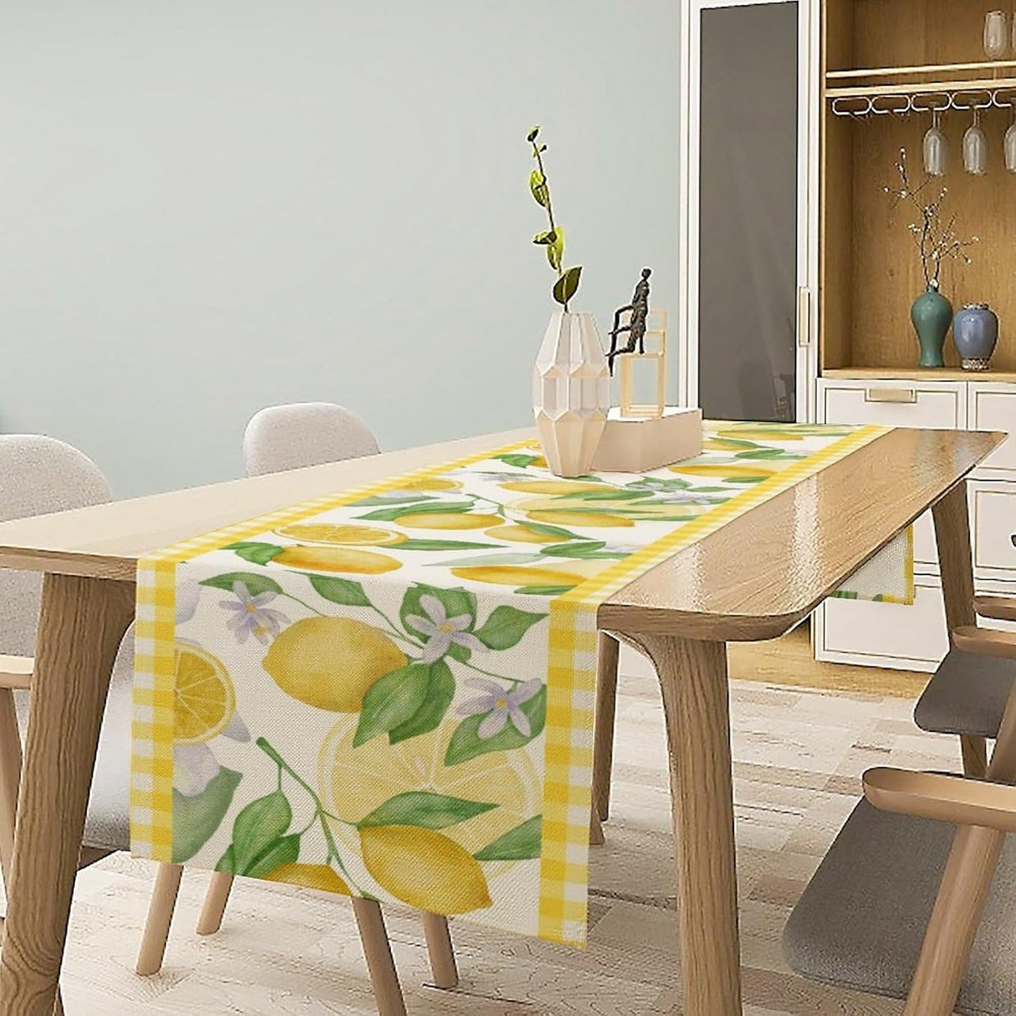 Lemon Table Runner,Yellow White Buffalo Plaid Summer Table Runner for Kitchen Dining Table Home Party Decoration 13x108 Inch