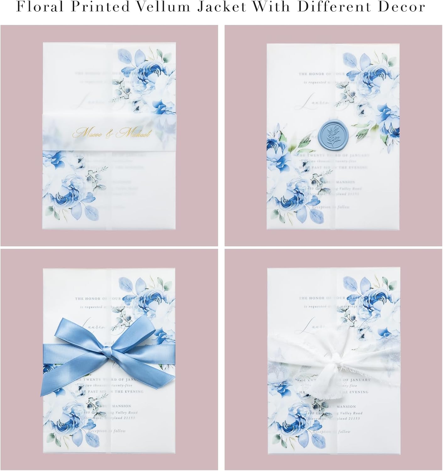 PONATIA 50PCS Vellum Jackets for 5x7 Invitation Cards- 135GSM Light Blue Floral Printed Vellum Sleeves, Quinceanera Wedding Invitation Cards Wraps, Transparent Christmas Gift Cards Jackets