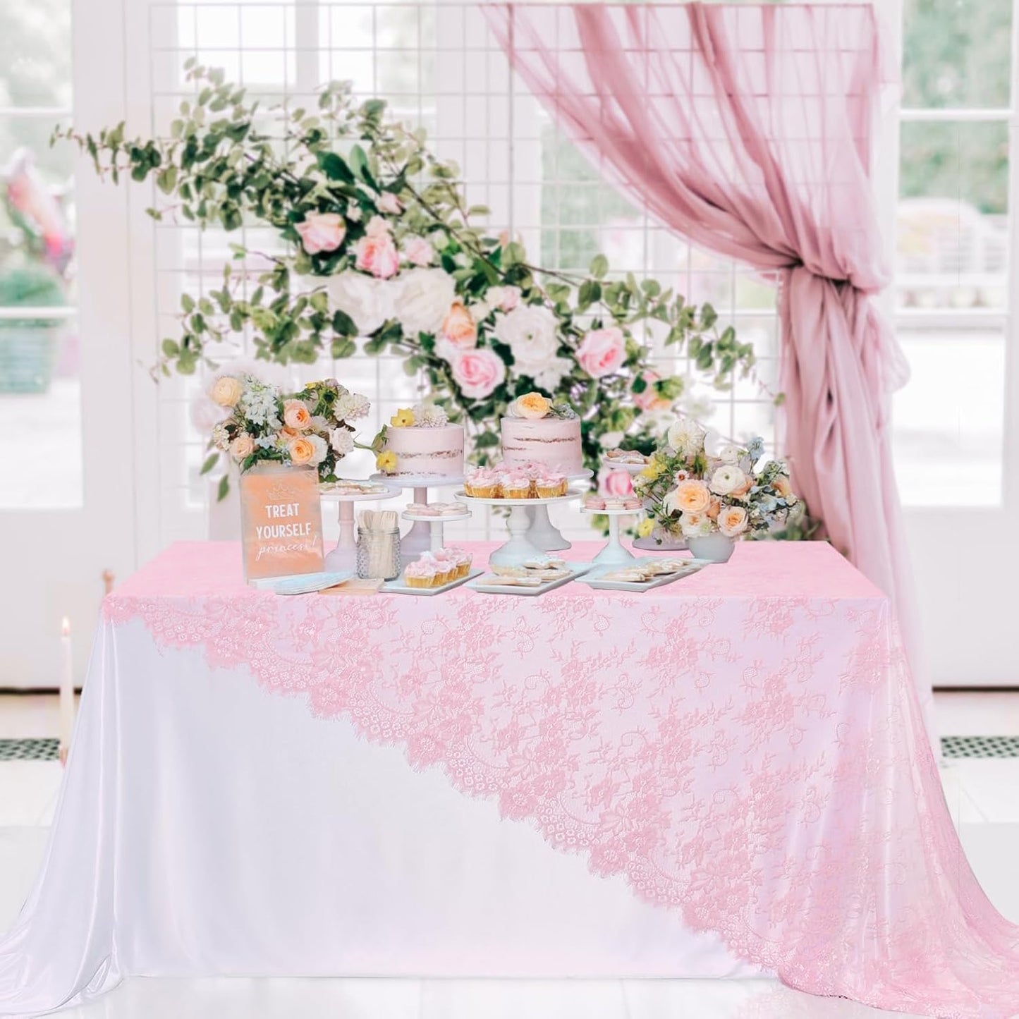 LuoluoHouse Pink Lace Tablecloth Table Fabric 6pcs 60x120 Inch for Vintage Boho Wedding Baby Shower Party Decoration Rectangle Overlay Long Vintage Embroidered Reception Table Cloth Decor