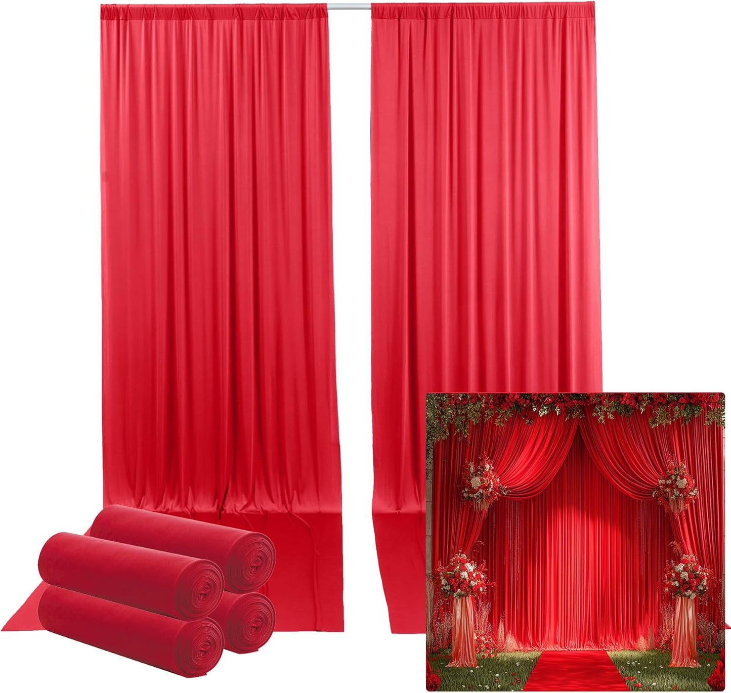 20ftx12ft Wrinkle Free Red Backdrop Curtain, 4 Panels 12FT Height Red Wedding Backdrop Drapes, Silky Polyester Back Drop Cloth for Birthday Photography Background Party Backdrop Draping