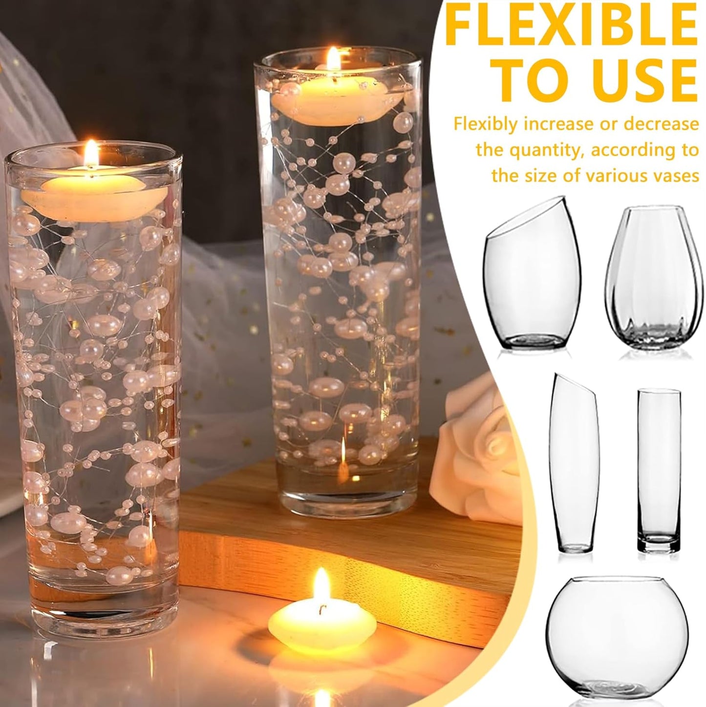 50 PCS Artificial Floating Beads for Centerpieces Vases, Black Gold 8+3mm String Beads for Wedding Party Faux Pearl String for Decorating, String Pearls for Crafts Vase Filler