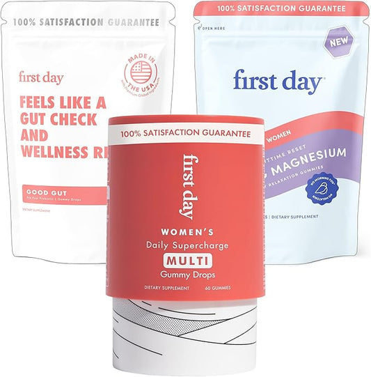 FIRST DAY Women’s Wellness Bundle with Multivitamins, Tribiotics & Calming Magnesium Gummies – Supports Nutrition, Immune & Digestive Health, Balanced Mood & Energy – 30-Day Supply