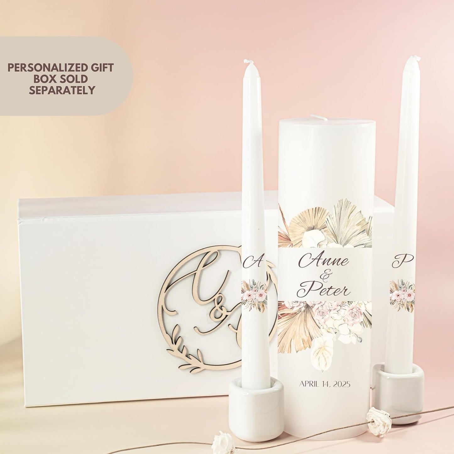 Unity Candles for Wedding, Modern Unity Set, Custom and Personalized Pillar and Taper Candles, Unscented White Premium Wax, Religious and Wedding Ceremony, Special Events (Palm)