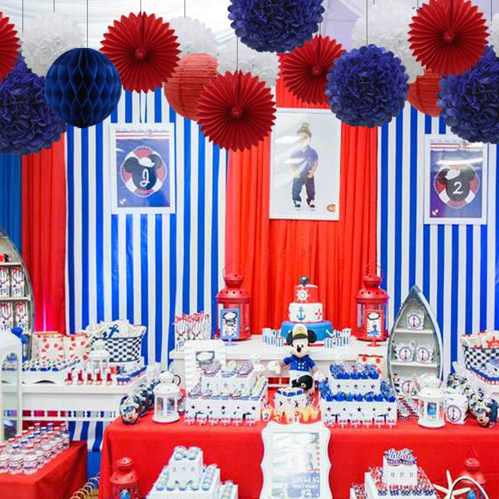 Navy Blue Red White Party Decorations 16pcs Paper Pom Poms Honeycomb Balls Lanterns Tissue Fans for 4th of July Day Patriotic Shake Theme Birthday Graduation Nurse Party