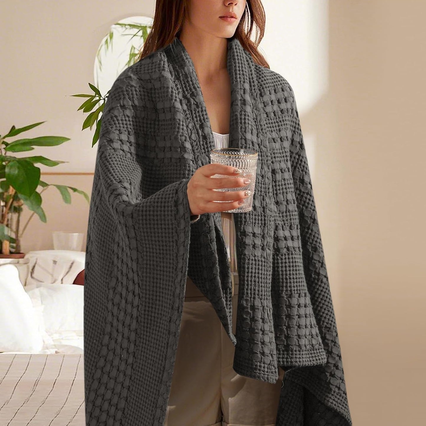 PHF 100% Cotton Waffle Weave Throw Blanket, Soft Lightweight Breathable Cozy Throws for Couch Bed Sofa, Luxury Aesthetic Woven Blanket for Home Decor & Office, 50"x60", Charcoal Grey