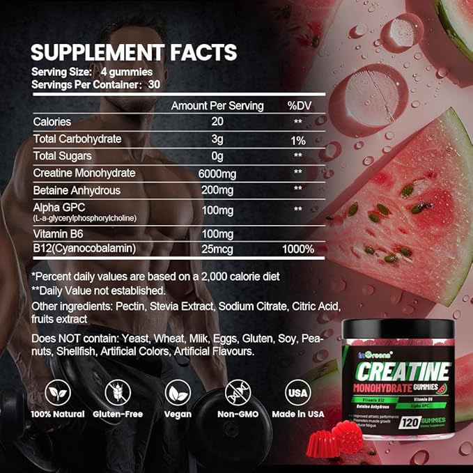 Creatine Monohydrate Gummies 6g for Men & Women, Potent Creatine Supplement, Chewables Creatine for Energy Boost, Increase Strength and Build Muscle, Gluten-Free, Sugar Free,120 Count