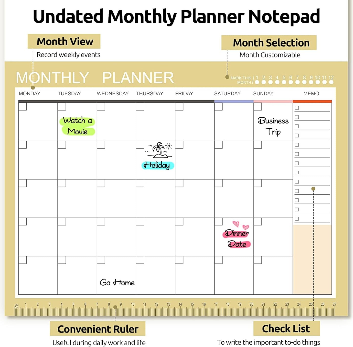 Phyxin Undated Planner, 54 Sheets Blank Calendar, 11.2" x 8.3" Monthly Calendar Planner, Tear Off Undated Monthly Planner with Memo for Women, Students, Teachers, Yellow