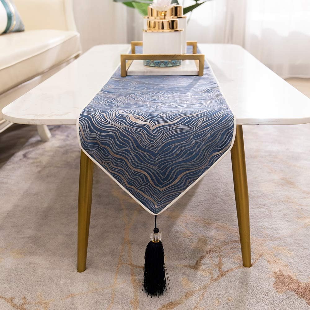 Avigers 12 x 90 Inch Decorative Luxury Abstract Striped Navy Blue Table Runners with Tassels for Home Living Room Bedroom Art Decor Wedding