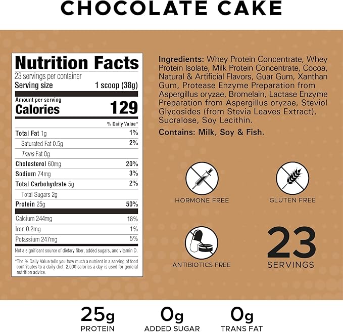 High Whey, Protein Powder 2LB, Whey Isolate, Gluten Free, Lean Muscle Mass for Men & Women, 25g of Protein Per Scoop, 908 g, 24 Servings (Chocolate Cake, 2 Pound)