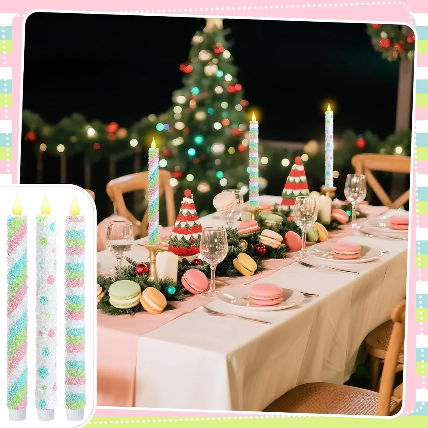 Baquler 6 Pcs Candy Theme Flameless Taper Candles 10.6 Inch Colorful Candy Strip and Polka Dots Candles Battery Operated LED Christmas Candlesticks for Xmas Centerpiece Holiday Party Home Decor